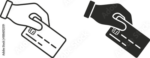 Hand holding credit card payment icons outline and solid styles secure transaction banking finance vector illustration isolated white background
