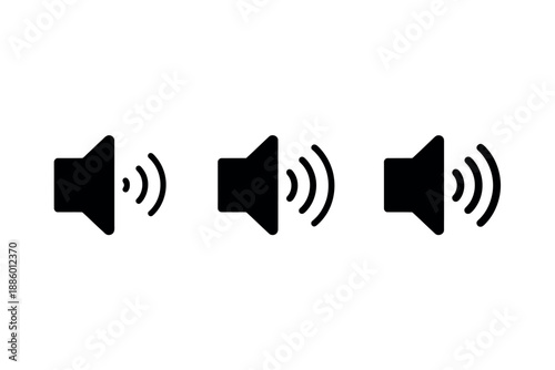 Black speaker icons with sound waves on white background, volume control symbols