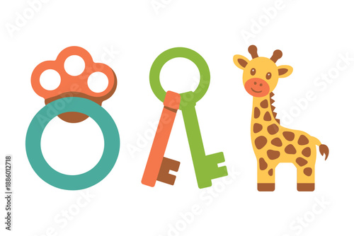Colorful Cartoon Baby Rattle, Keys, and Giraffe Illustration