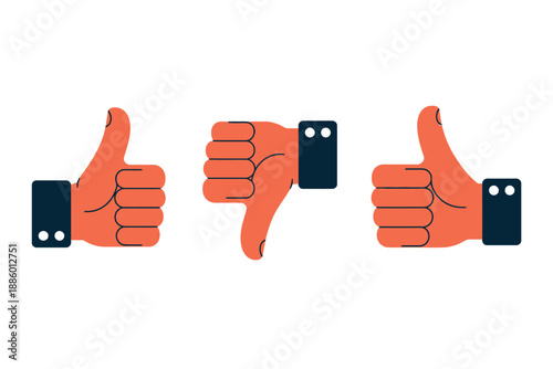 Thumb up and thumb down hand gestures in orange and black on white background
