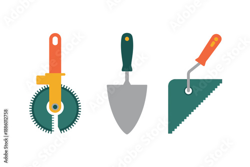 Colorful illustration of three trowels and tools for construction and renovation work purposes