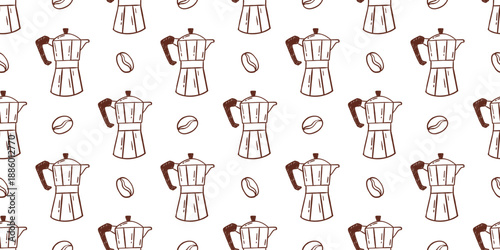 Vector seamless pattern with moka pot and coffee bean on white background. Hand drawn brown outline kitchen texture for cafe branding, packaging, textile, wrapping paper and breakfast design.
