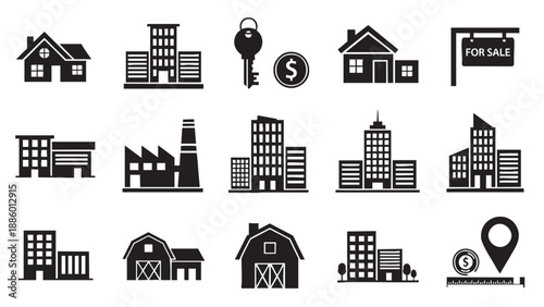 Collection of real estate and property icons isolated on transparent background