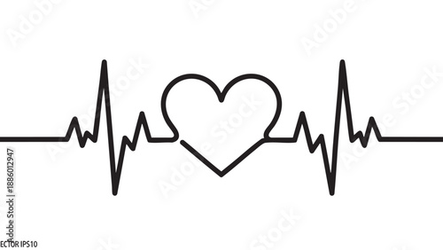 Hand drawn continuous line art heart with heartbeat line illustration