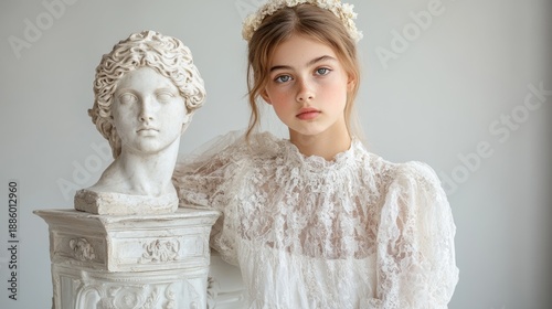 A young girl in a delicate lace dress poses gracefully beside a classical marble bust