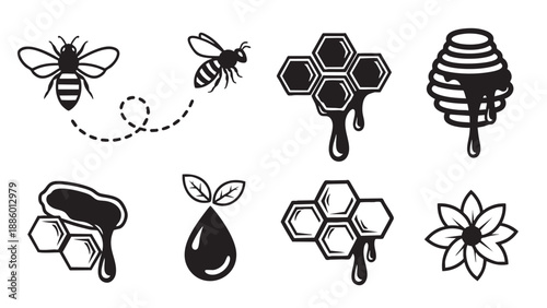 Hand drawn honeybee and honeycomb elements with flowers and hexagons