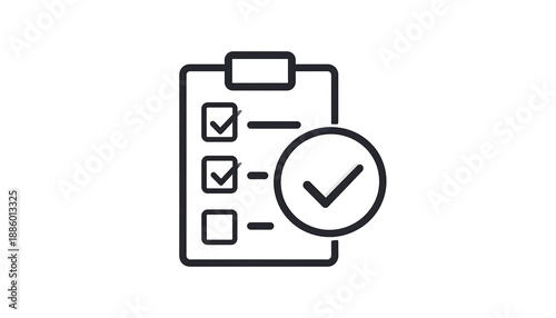 Simple black clipboard outline with checks and lines, plus a large circle checkmark