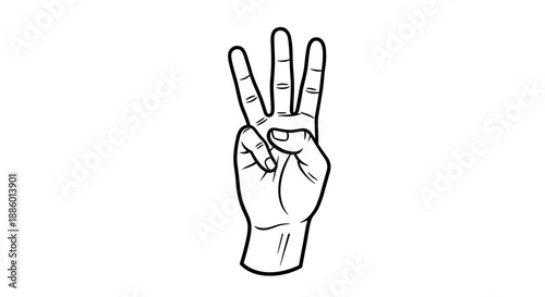 Hand Showing Three Fingers Up Gesture Line Art.