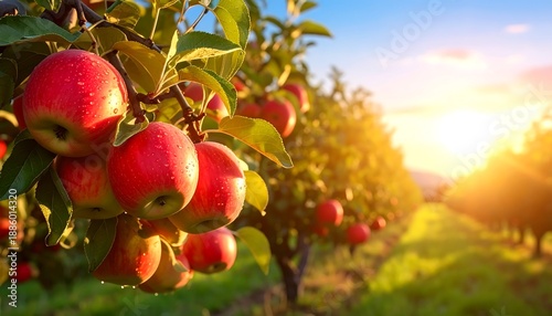 Ripe, red apples hang heavy on tree branches, sunlight streams across orchard rows at dusk