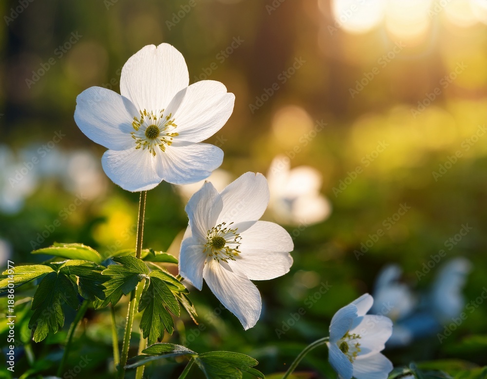 Obraz premium white flowers bloom in vibrant sunlight among leafy stems and blurry background