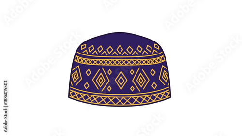Elegant blue Islamic prayer cap with intricate golden patterns and designs.