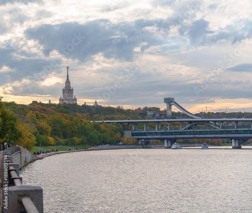 View of Moscow River embankment with MSU building and Luzhniki ski jump.View of the Moscow River embankment with the main building of Moscow State University, Luzhniki ski jump and metro bridge