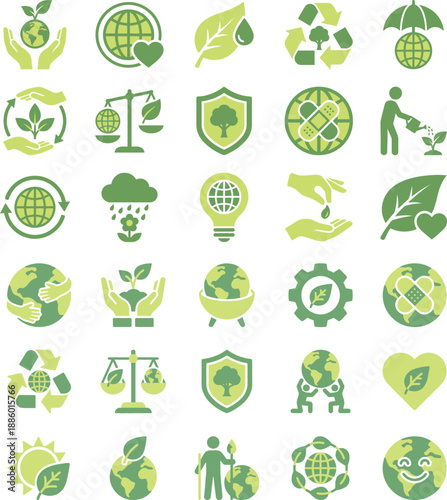 Comprehensive collection of green environmental and ecological sustainability icons.