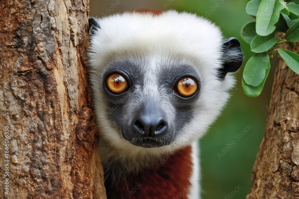 Fototapeta premium Coquerel's sifaka lemur peeking from behind tree trunk