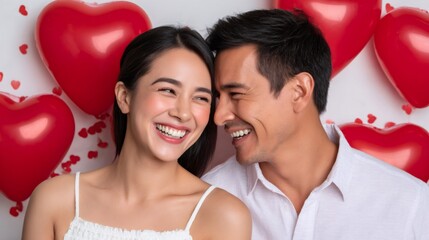 Loving couple celebrating valentine's day with red heart balloons