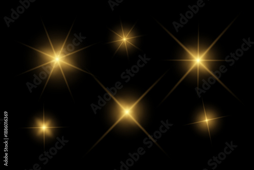 Golden sparkle  lights, flashing lights, light effects, sunlight lens flare, glowing ray beams, sparkling starsicon on black background.