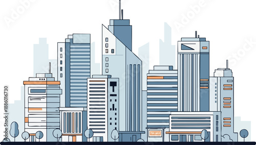 Stylized illustration depicts a modern, densely packed metropolitan cityscape featuring towering glass and concrete office buildings against a dark backdrop.
