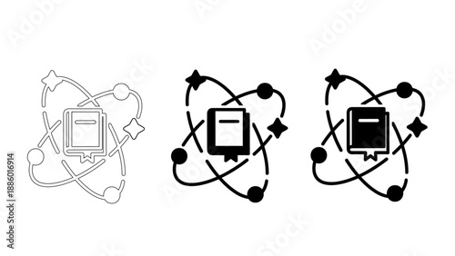 Scientific Knowledge and Physics Icon  with Book in Atomic Orbit – Symbols for Education, Science Research, Universe Discovery, and Core Learning