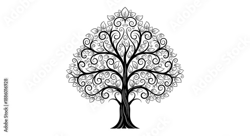 Elegant Ornamental Tree Illustration with Intricate Swirling Branches and Leaves.
