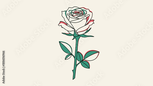 Elegant rose illustration with detailed petals and vibrant green stem isolated on a neutral background.