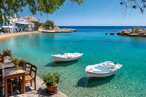 Tranquil bay in kokkari samos greece with traditional fishing boats