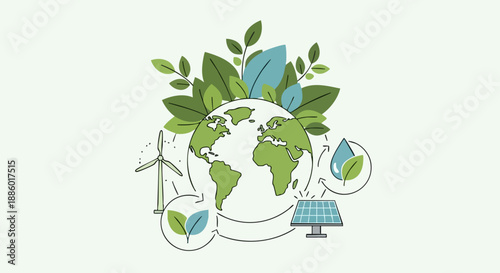 Concept illustration symbolizing global environmental sustainability through renewable energy and natural conservation efforts