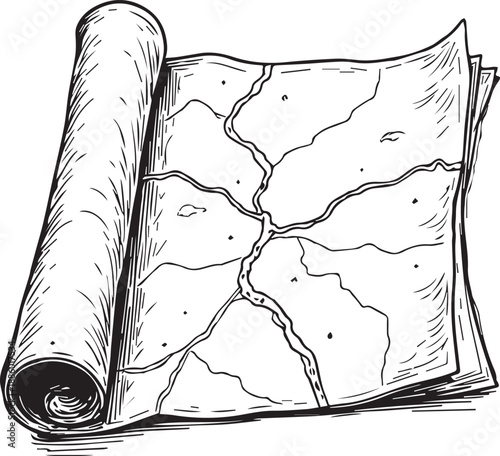 An ancient, detailed, hand-drawn map unfurls, beckoning the viewer to explore unknown territories. The intricate lines and textures of the map hint at a treasure, a hidden land, or a past. 