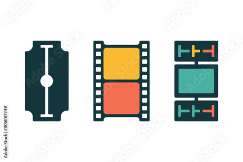Colorful icons for film, tickets, and video editing software interface elements on white background