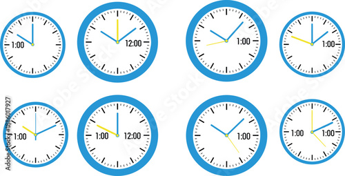Set of blue analog wall clocks showing different times, flat vector illustration for time management, schedule planning, education, and design concepts