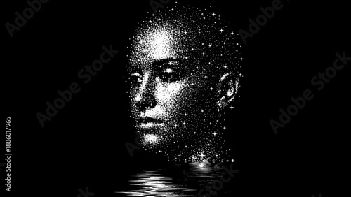 Ethereal Woman Face Illuminated by Cosmic Particles.