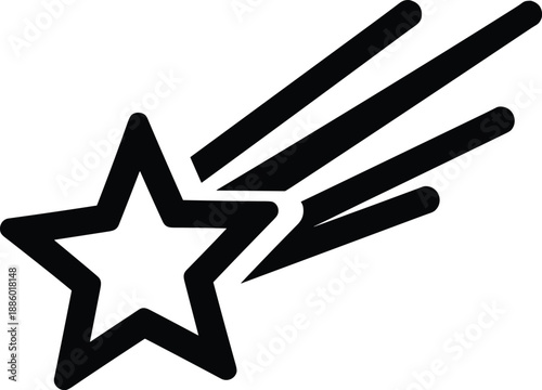 Shooting star icon silhouette with motion trails, minimal black and white symbol for success, wish, rating, achievement, celebration, and modern graphic design concepts