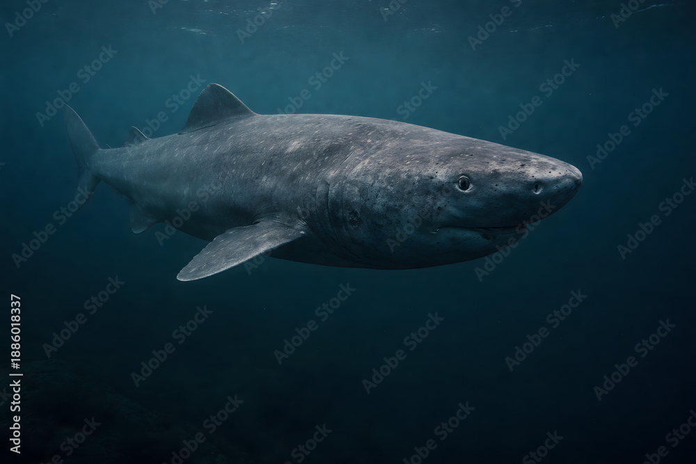 Fototapeta premium Ultra-realistic underwater photo of a Greenland shark swimming slowly through dark, cold North Atlantic waters near Iceland, showing massive size, rough skin texture and calm deep-sea atmosphere.