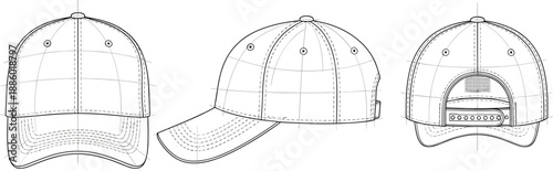 Technical CAD drawing flat vector illustration of baseball cap in front, side and back views, detailed blueprint line art design for apparel manufacturing and product development