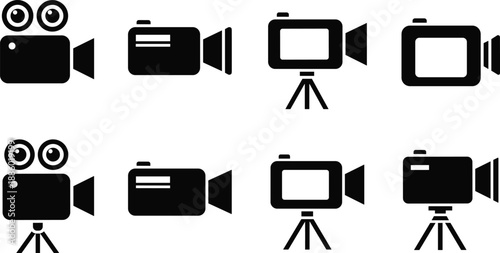 Video camera icon set in black silhouette style, recording and filming symbols for multimedia production, filmmaking, streaming, vlogging, surveillance, and digital content creation concepts