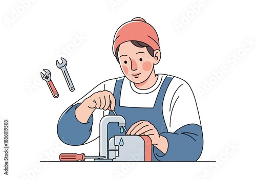 Mechanic working on a sewing machine with tools nearby