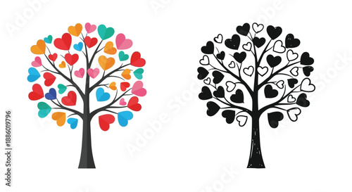 Colorful and monochrome heart shaped trees a delightful decorative illustration