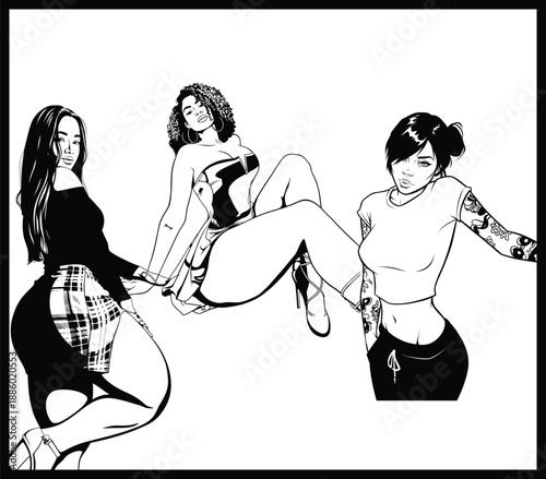 Three stylish tattooed women urban pose