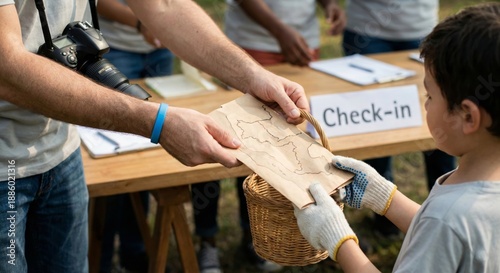 Child Checking In at Outdoor Event with Volunteer