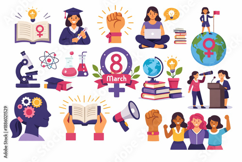 International Women’s Day women empowerment through knowledge icon set