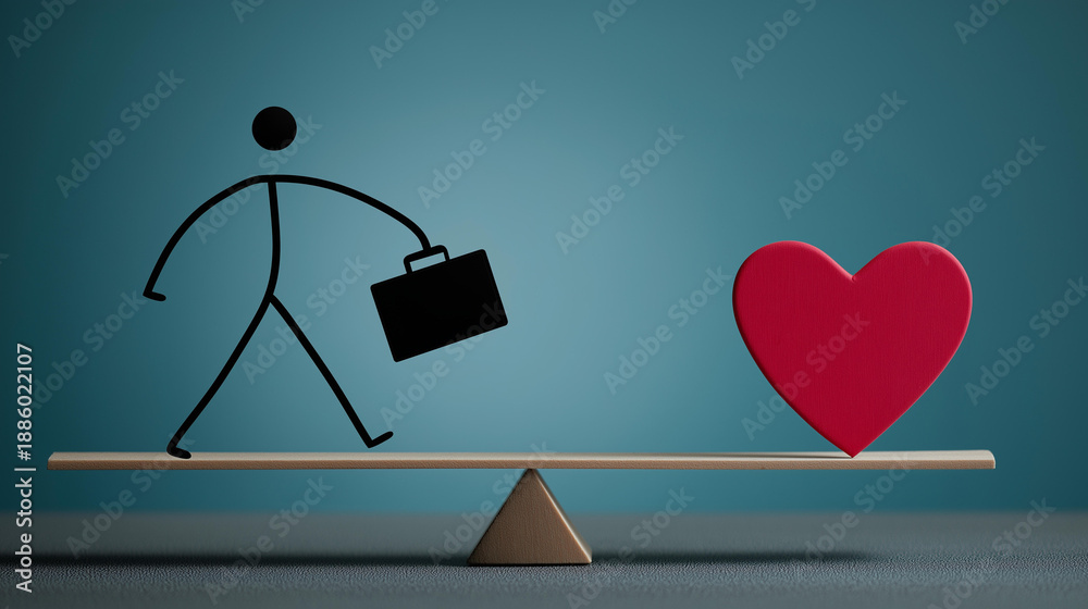 Fototapeta premium Stick figure balancing briefcase and heart on seesaw, representing essential balance between professional duties and personal happiness, work-life harmony concept, equilibrium