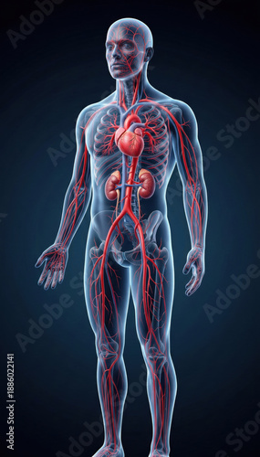 Human vascular system full body with heart highlight, medical 3D illustration