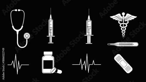 Medical equipment and symbols representing healthcare and medicine on black background.
