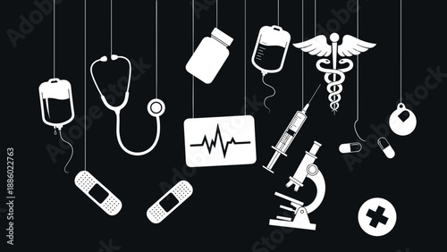 Medical equipment and symbols hanging against a black background.