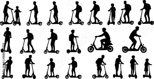 vector silhouettes of people riding scooters