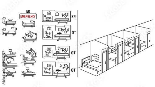 Medical facility illustrations depicting emergency room and operating room equipment and layouts.