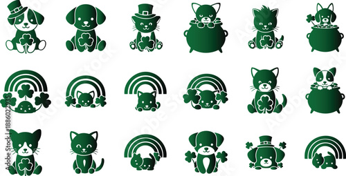 Charming collection of adorable green animal characters celebrating good fortune, featuring cute dogs and cats adorned with festive St. Patrick's Day elements like shamrocks, whimsical leprechaun
