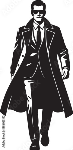 Man in Black Suit and Overcoat with Sunglasses