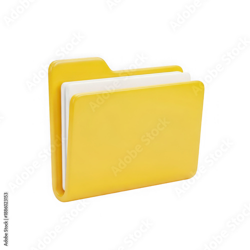 Bright yellow folder with white papers isolated on transparent background