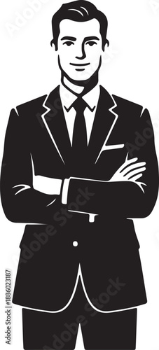 Man in black suit with arms crossed