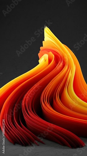 Abstract colorful flowing shapes with vibrant orange and yellow hues on dark background.